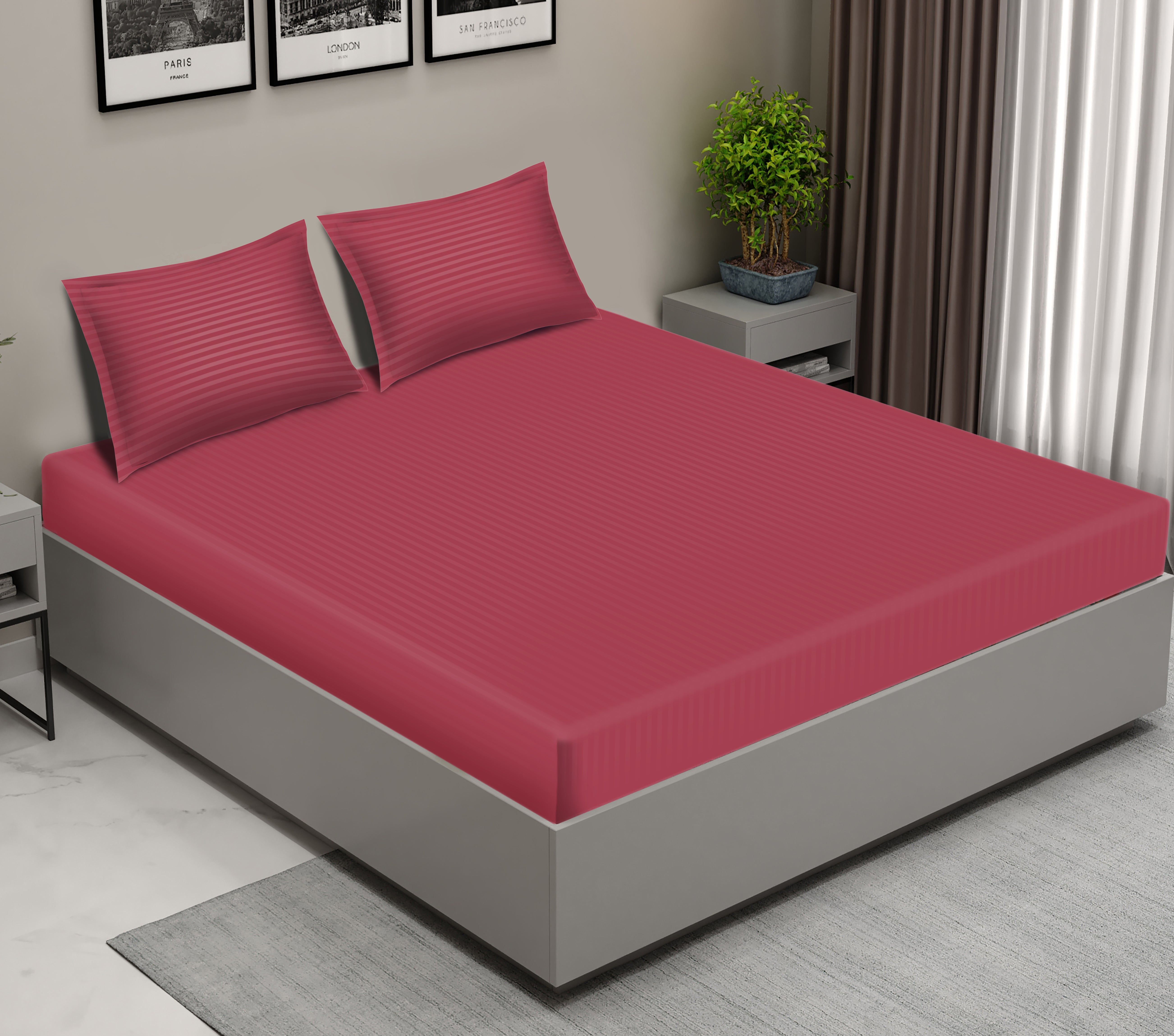 Raymond King Flat Sheet Bedsheet 300 Thread Count Luxirious Mercerised 100% Cotton Bedding Solid Pre Shrunk Sateen Stripe Finish Bed Linen with 2 Pillow Case