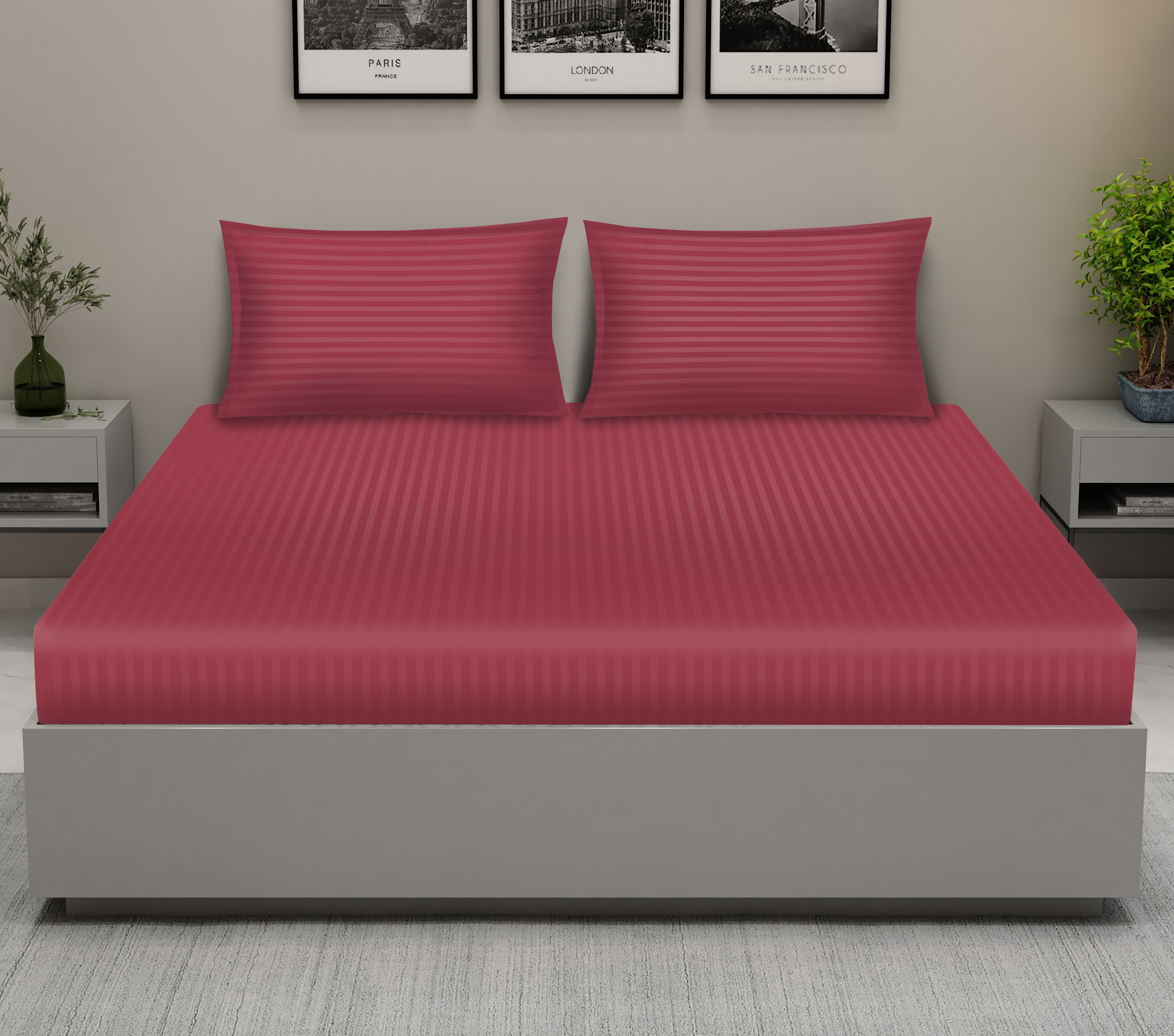 Raymond King Flat Sheet Bedsheet 300 Thread Count Luxirious Mercerised 100% Cotton Bedding Solid Pre Shrunk Sateen Stripe Finish Bed Linen with 2 Pillow Case